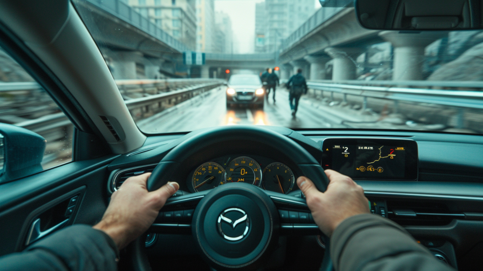Conductor de Mazda 3 enfrenta emboscada en rampa angosta con  atacantes armados bloqueando el paso
