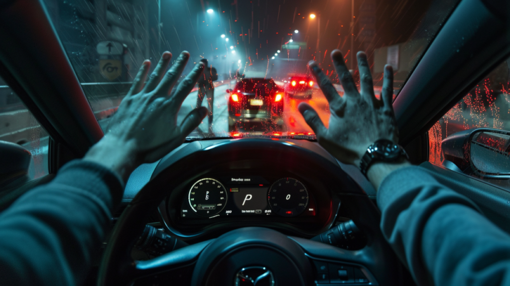 Conductor de Mazda 3 enfrenta emboscada en rampa angosta con cuatro atacantes armados bloqueando el paso