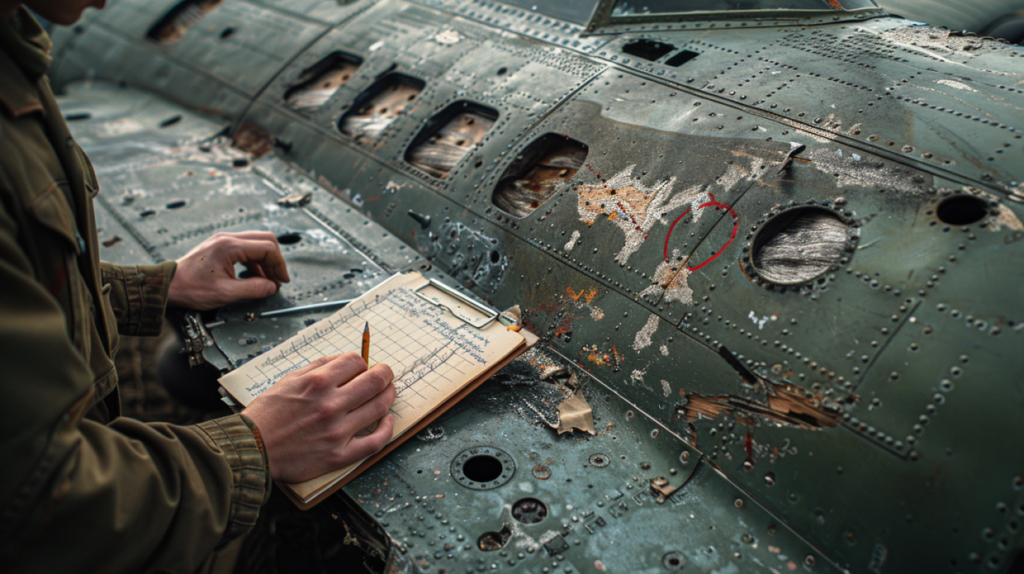 Ingenieros militares de la Segunda Guerra Mundial documentando agujeros de bala en bombardero B-17 Flying Fortress demostrando sesgo de supervivencia